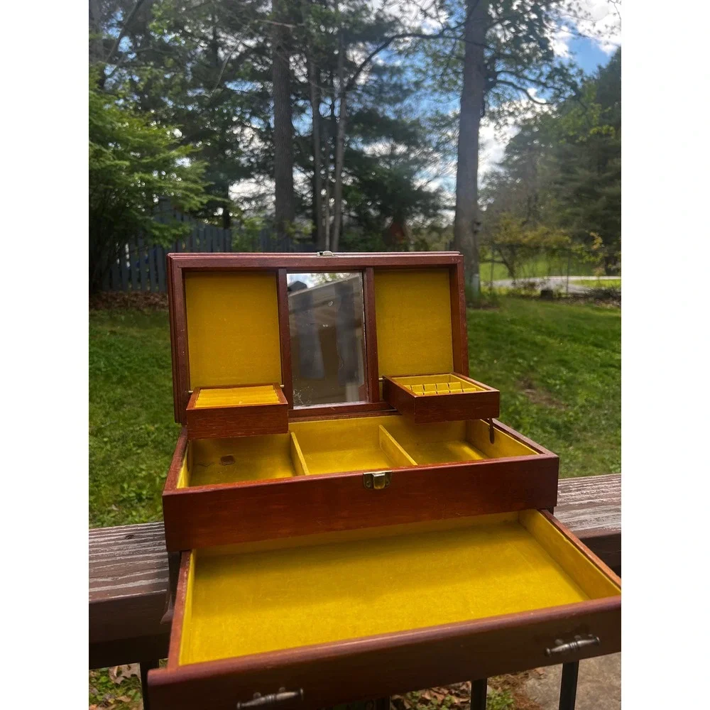 Vtg 70s Floral Wood Jewelry Box‎ Retro Cottagecore Mirror Drawer